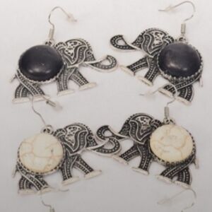 Silver Large Black Stone Elephant dangle Earrings cute trendy  Fashion Jewelry